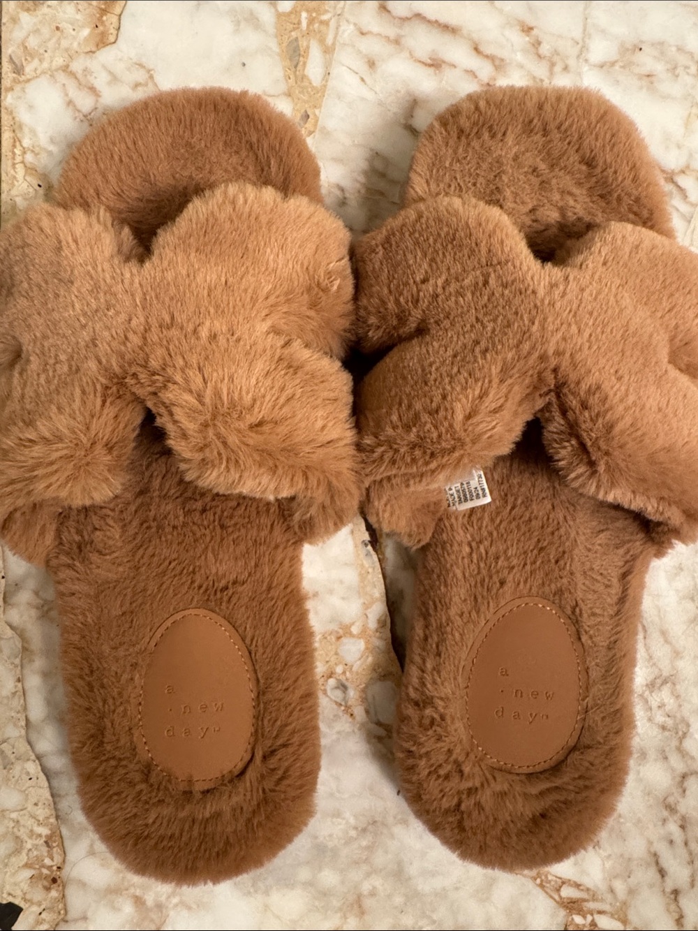 A New Day Faux Fur Crossband Slippers | Camel Tan | Size 9